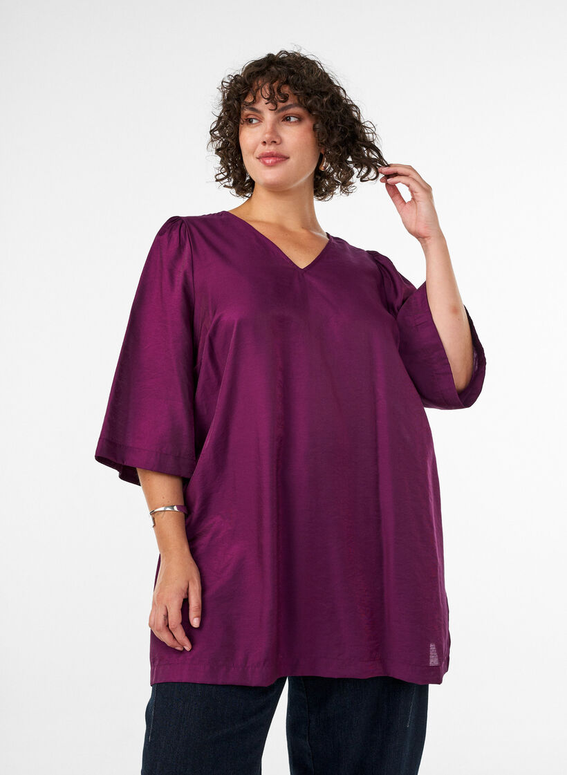 Tunique brillante avec col en V et manches 3/4, Violet, Model image number 0