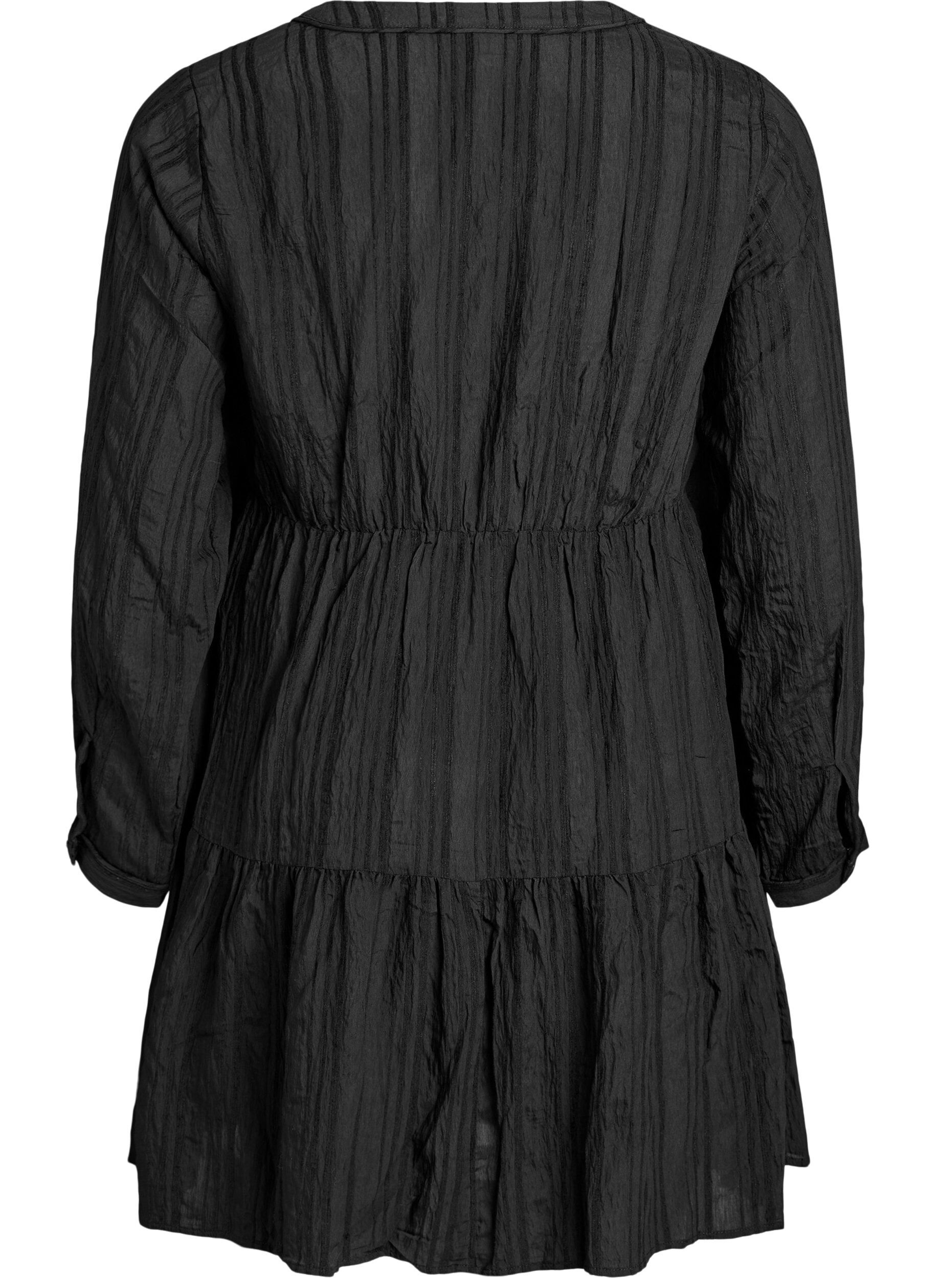 Zizzi Robe courte &agrave; texture ray&eacute;e tiss&eacute;e et taille &eacute;lastique, Noir, Packshot image number 1