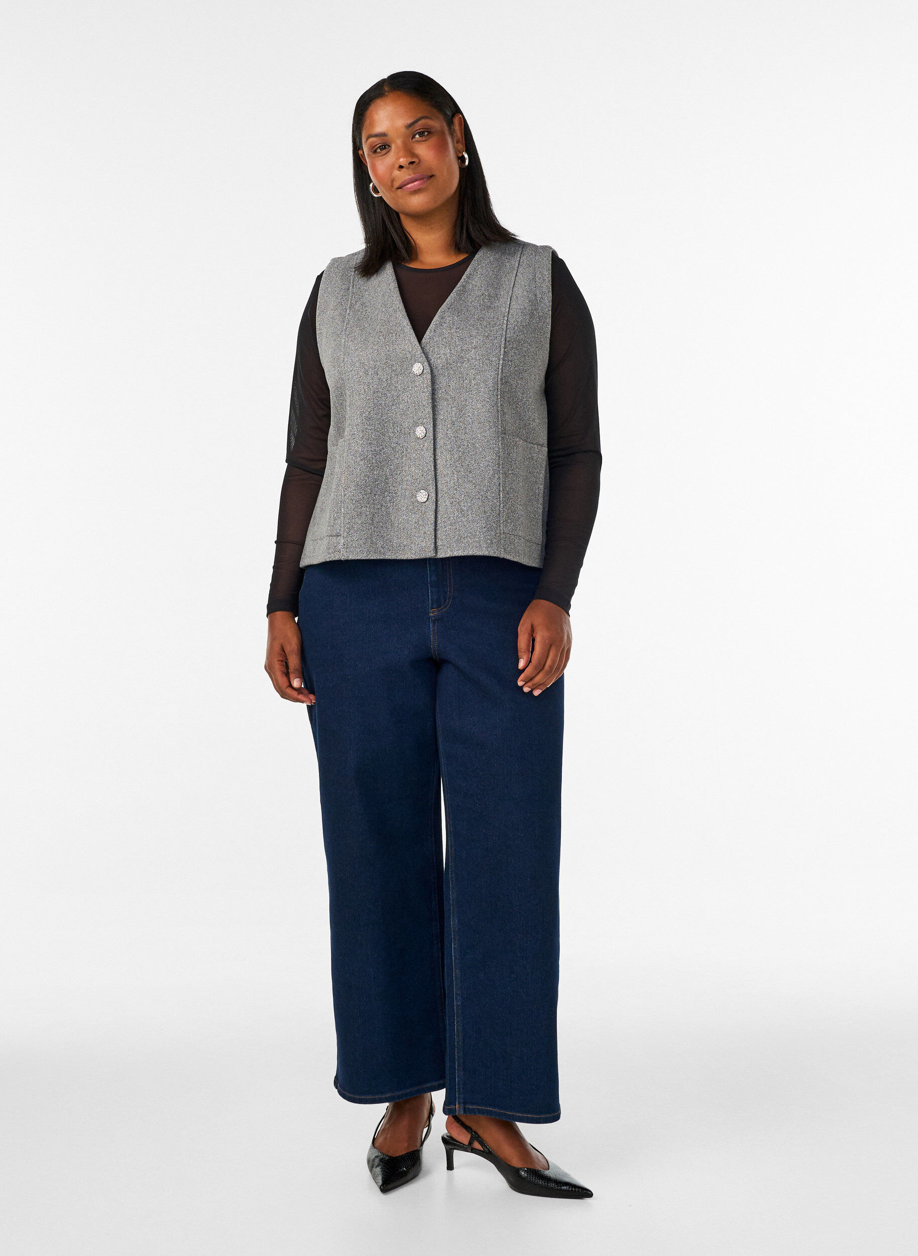 ZizziGilet &agrave; col V avec boutons, Gris, Model image number 1