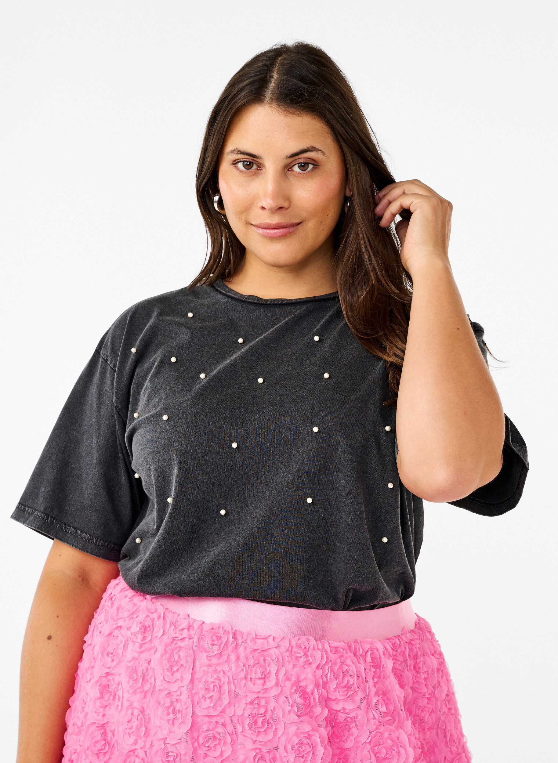 Zizzi T-shirt avec perles, Grey washed, Model image number 0