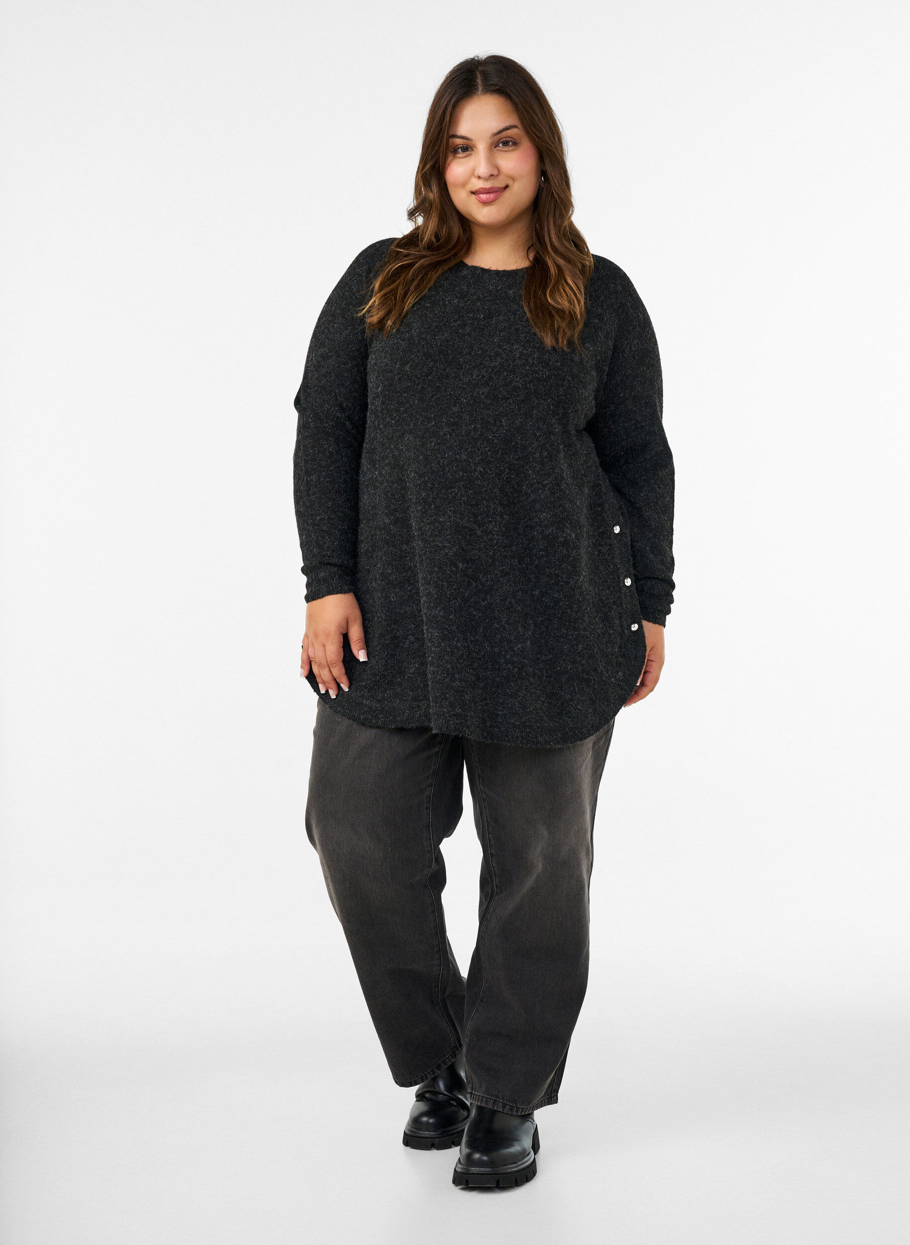 ZizziBlouse longue en maille avec boutons boule, Gris anthracite, Model image number 1