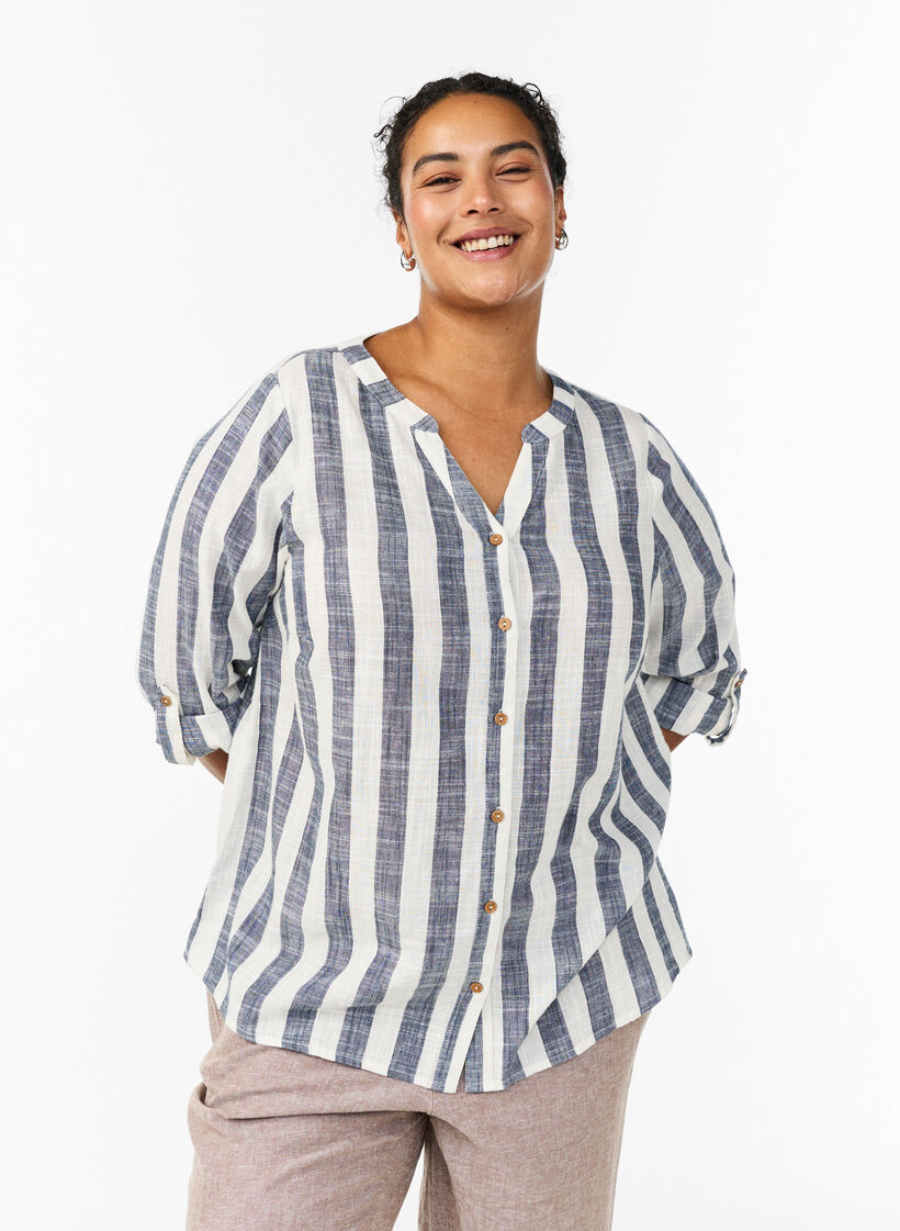 Chemisier en coton avec col en V, Bleu, Model image number 0