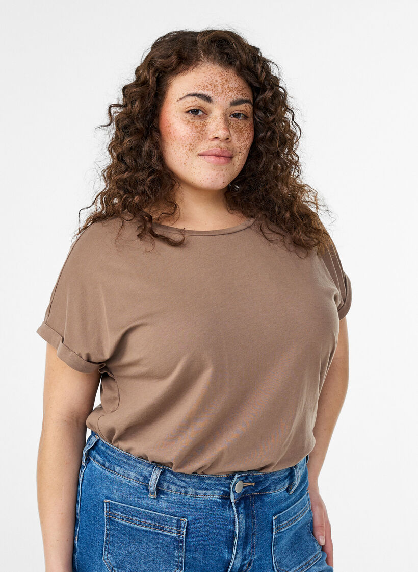 T-shirt &agrave; manches courtes en coton m&eacute;lang&eacute;, Marron, Model image number 0