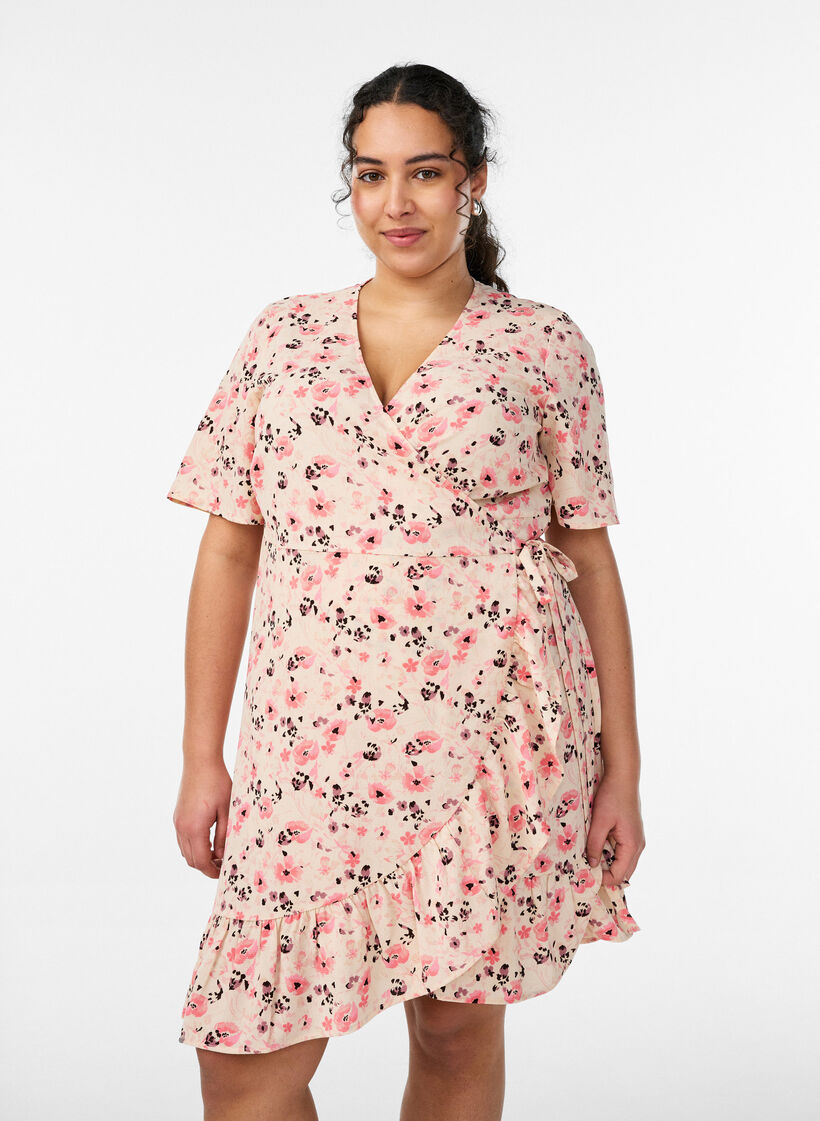 Robe portefeuille &agrave; fleurs et manches courtes, Rouge, Model image number 0