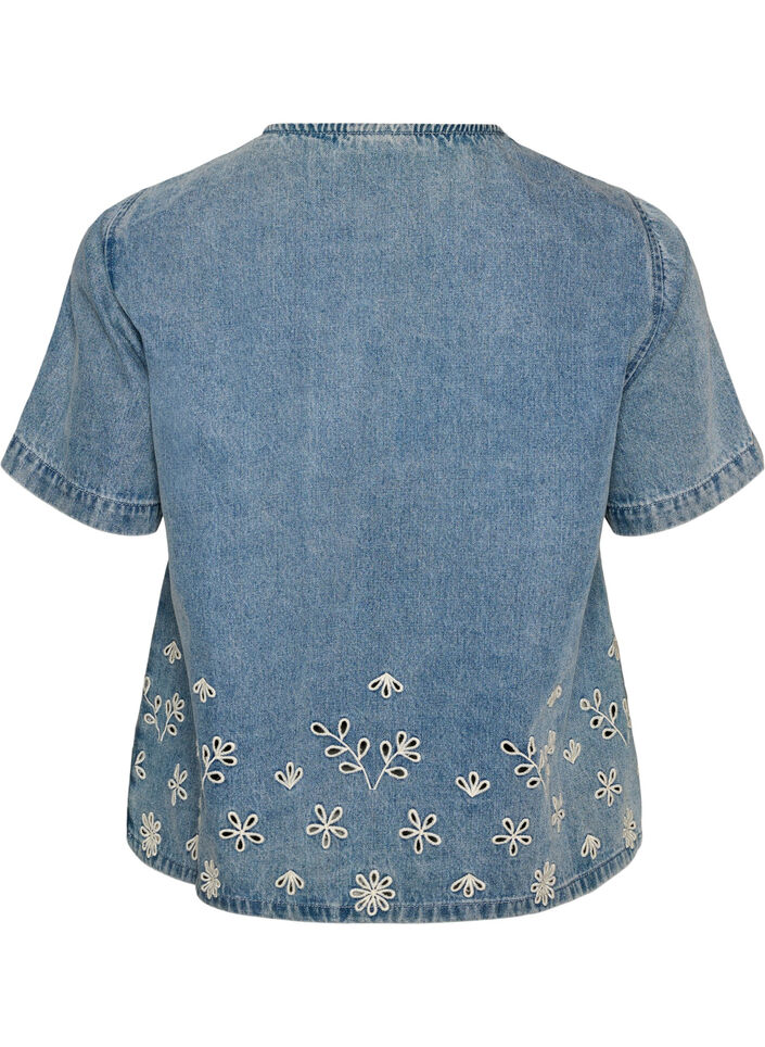 Blouse en jean &agrave; manches courtes avec broderie anglaise, Bleu Clair, Packshot image number 1