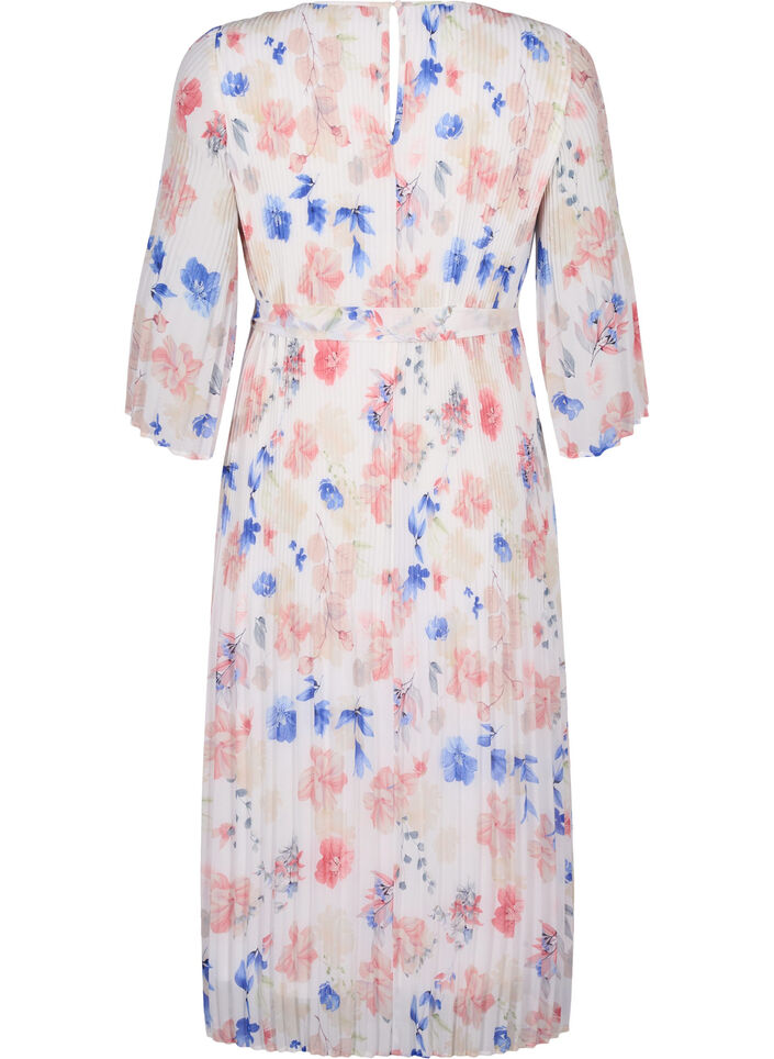 Robe plissée florale avec cordon de serrage, White/Blue Floral, Packshot image number 1