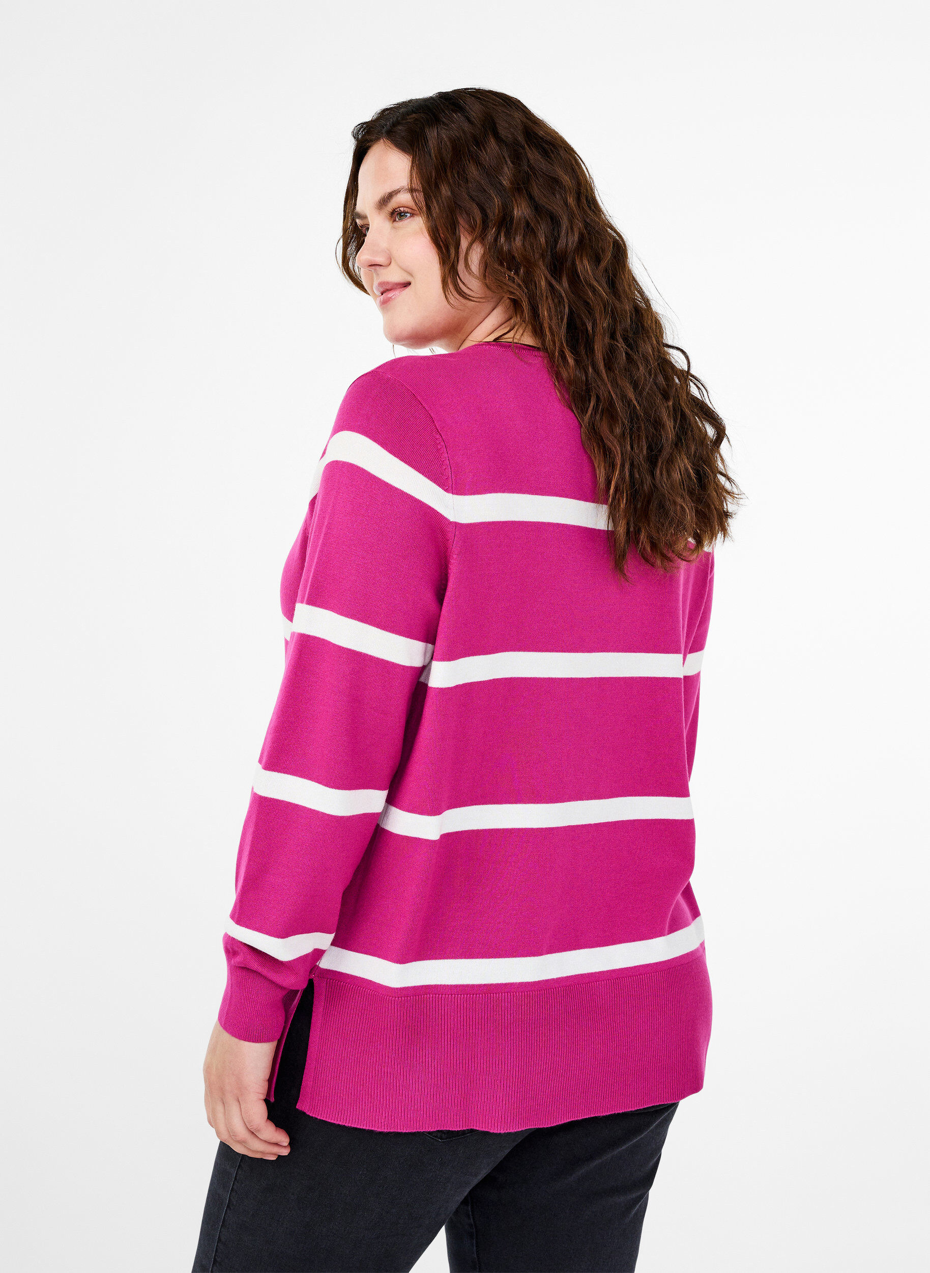 Zizzi Chemisier tricot en viscose avec des rayures, Rose, Model image number 2