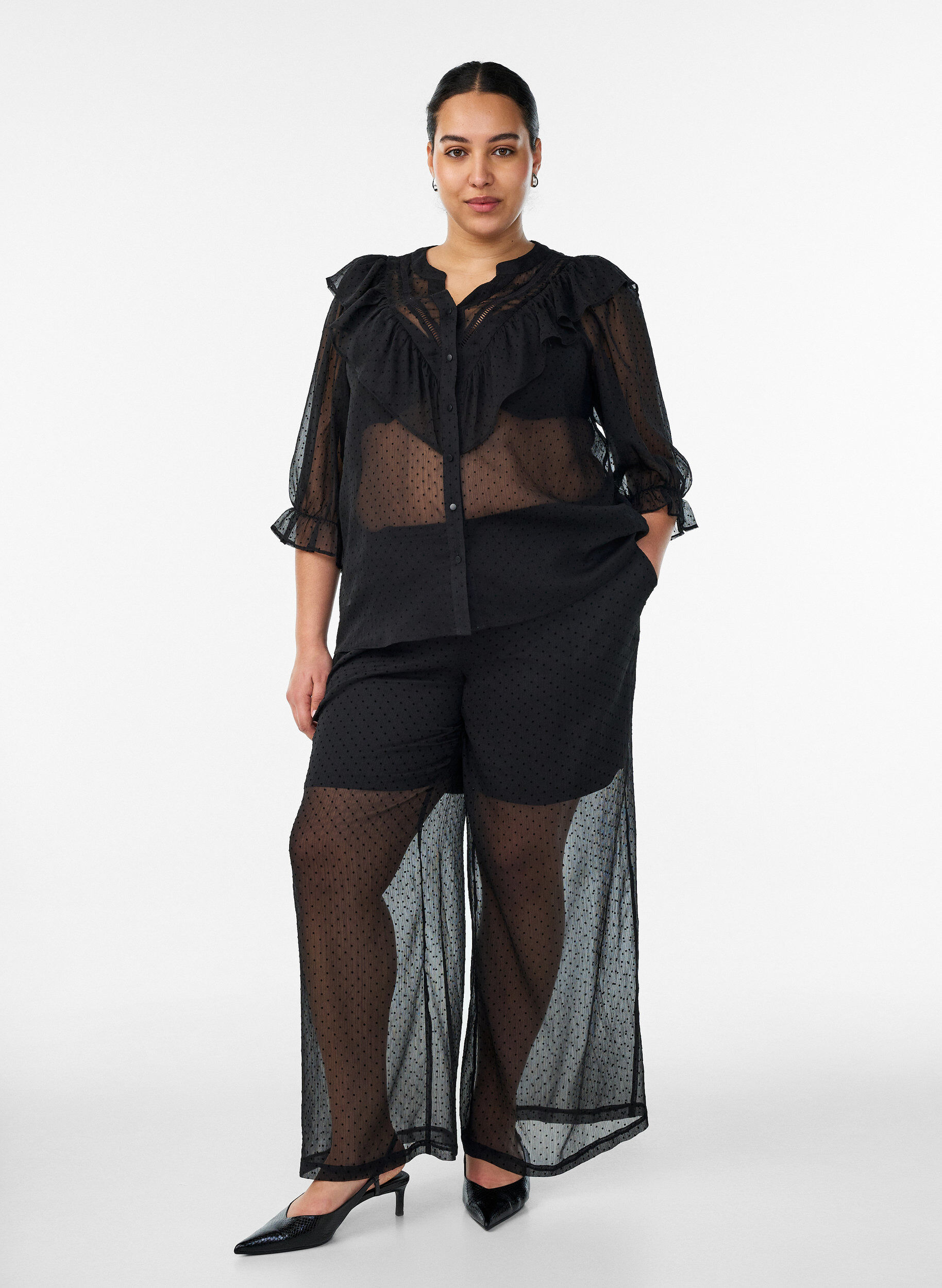 ZizziPantalon ample en mousseline &agrave; pois, Noir, Model image number 0