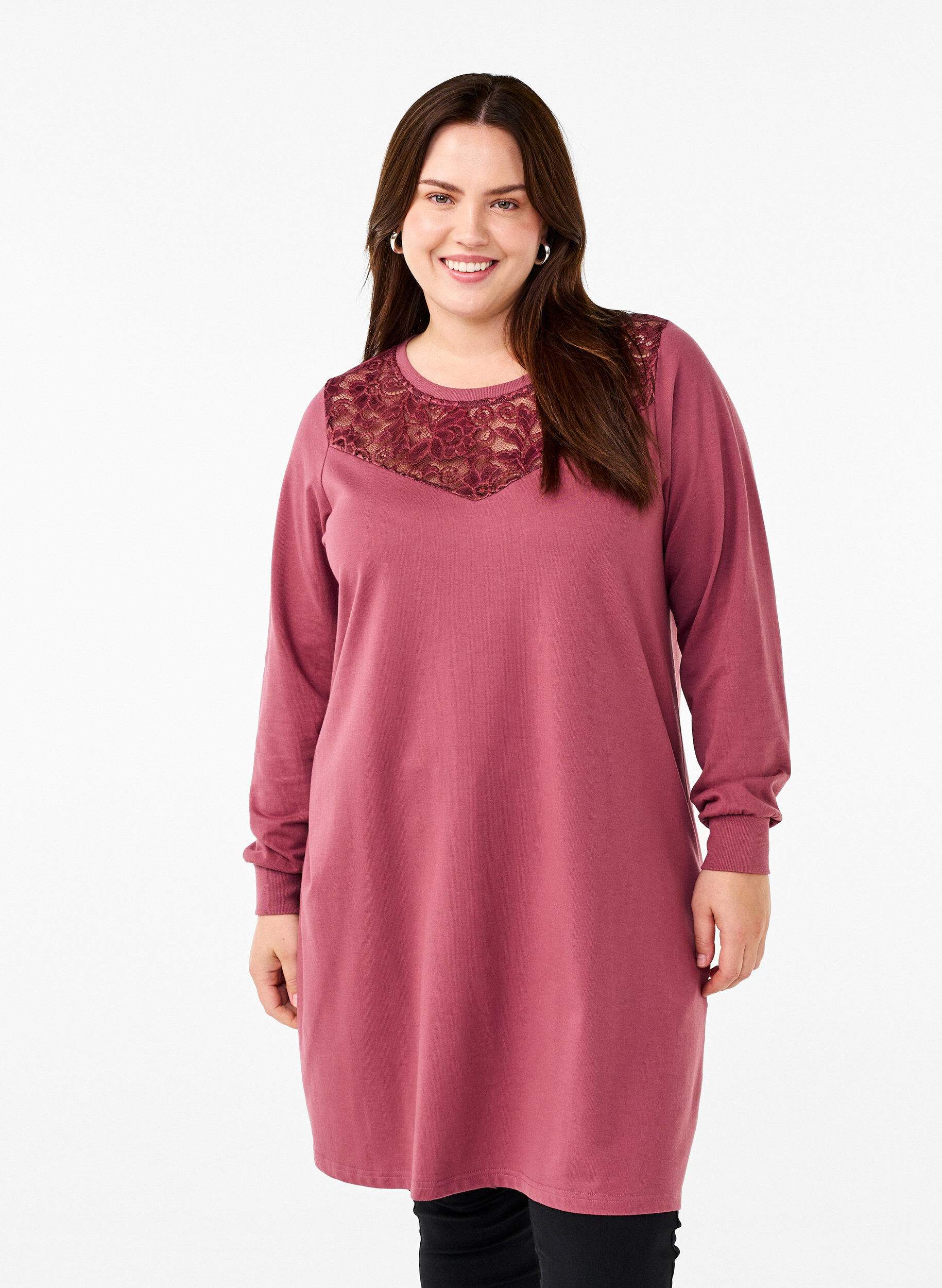 Zizzi Robe courte avec d&eacute;tails en dentelle, Rose Brown, Model image number 0