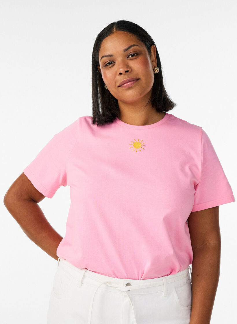 T-shirt en coton biologique avec motif de texte, Rose, Model image number 0