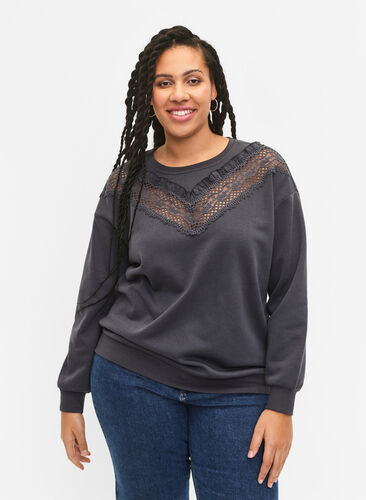 Sweatshirt avec volants et détail de crochet, Dark Grey, Model image number 0