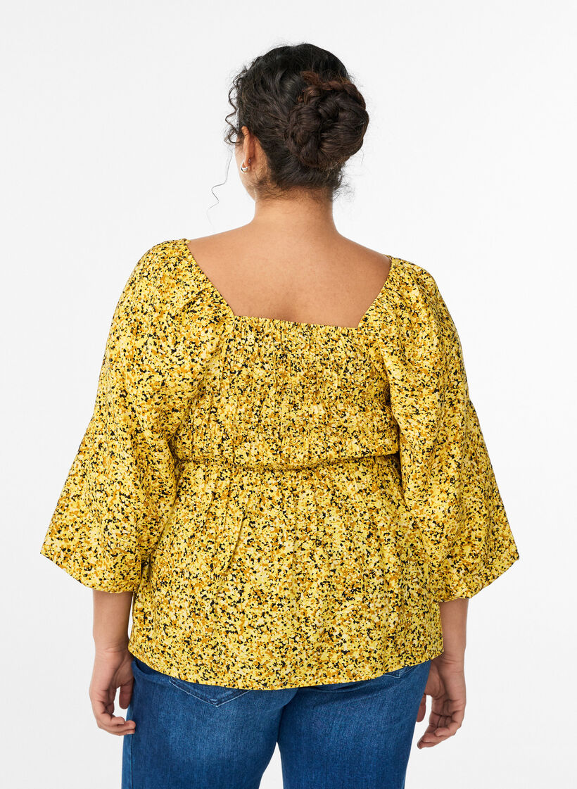 Blouse smock&eacute;e &agrave; encolure carr&eacute;e, Jaune, Model image number 2