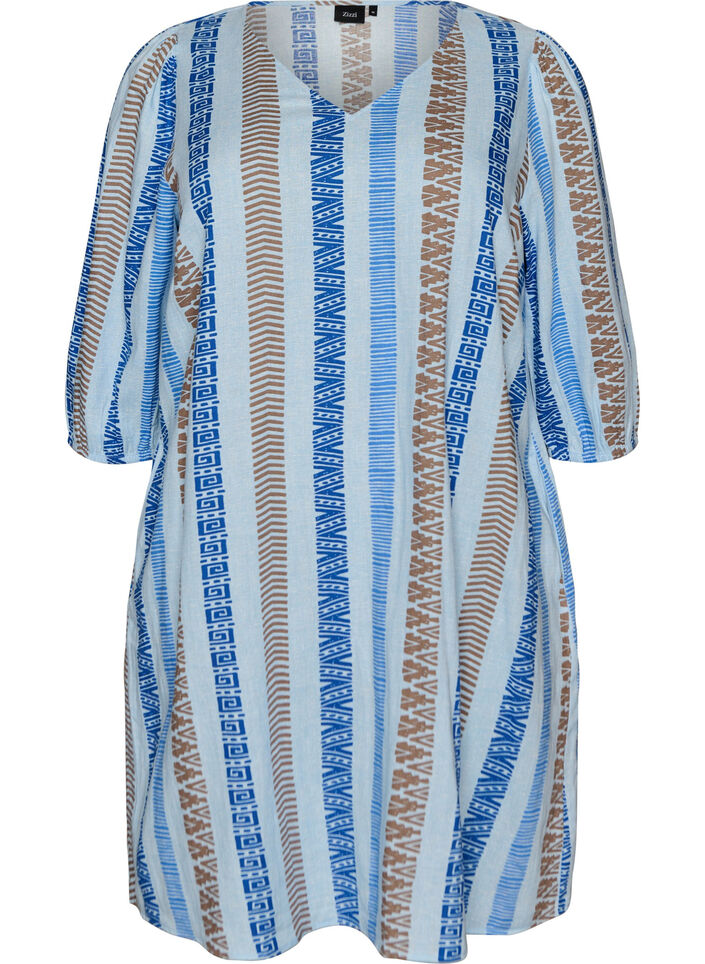 Robes courtes en lin et viscose &agrave; manches 3/4, Bleu, Packshot image number 0