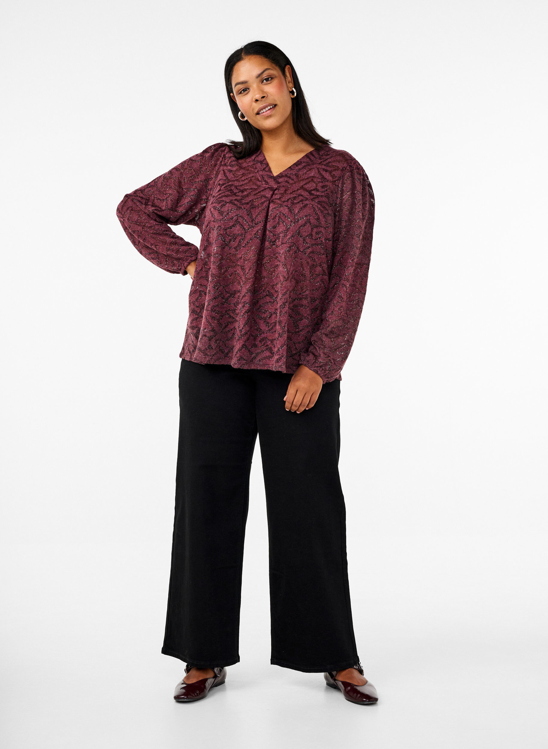 Zizzi Chemisier &agrave; manches longues avec paillettes et motif, Bordeaux, Model image number 1