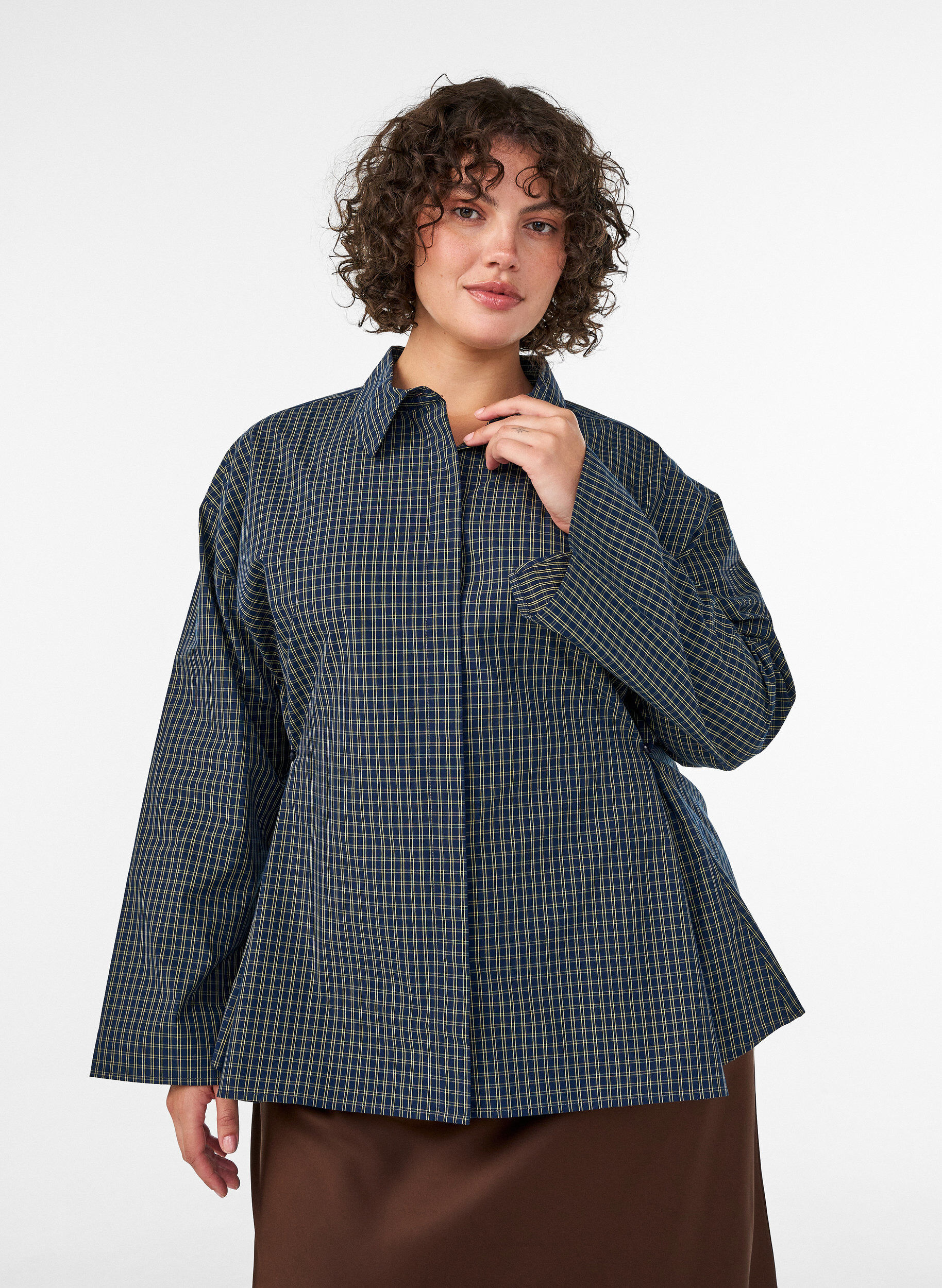 Chemise en coton &agrave; carreaux avec boutonnage dissimul&eacute;, Bleu, Model