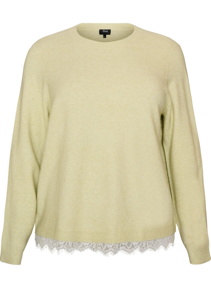 Blouse en maille avec bordure en dentelle &agrave; l'ourlet, Vert clair, Packshot image number 0