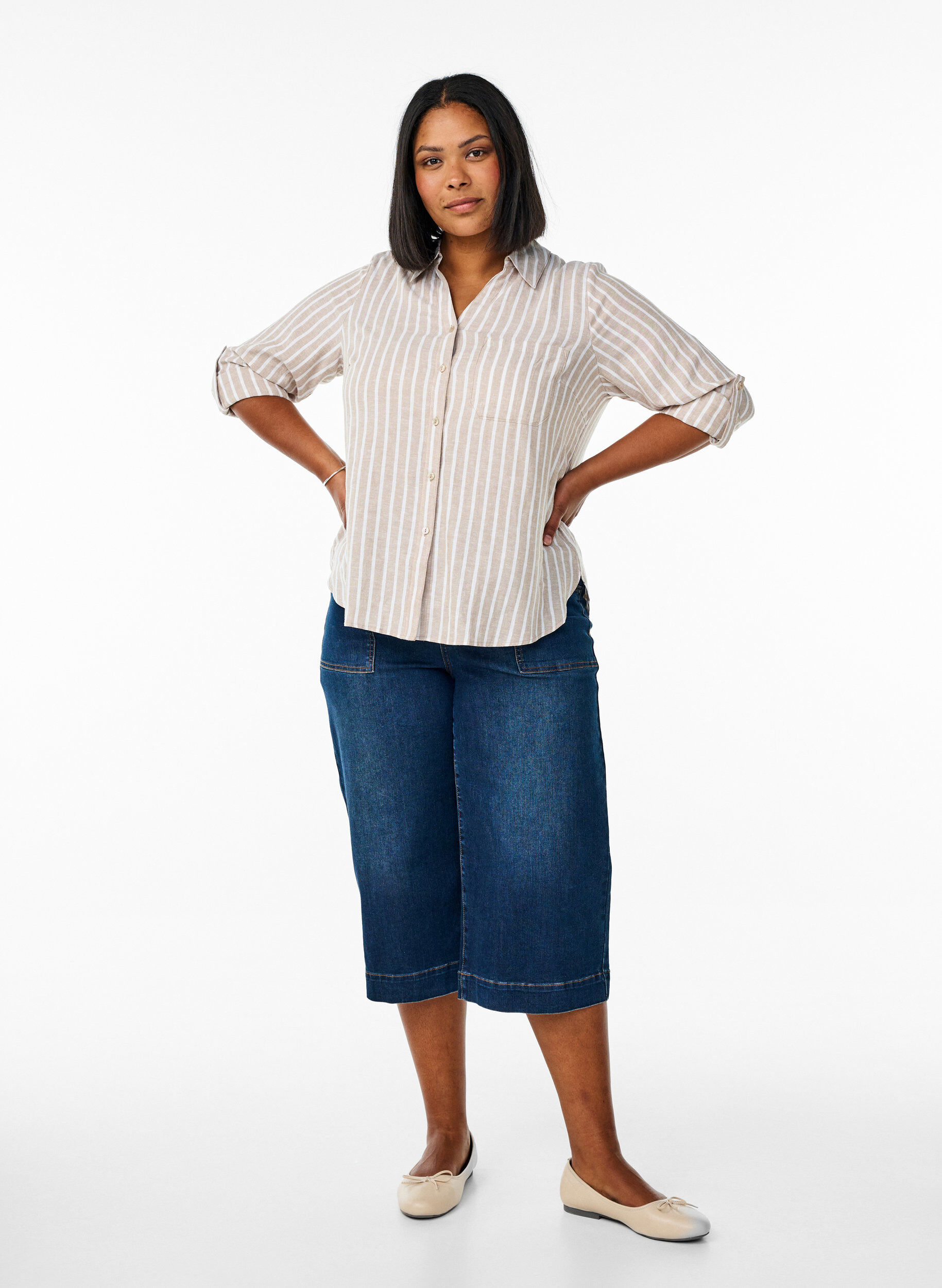 ZizziChemise en lin et viscose avec manches 3/4, Beige, Model image number 1