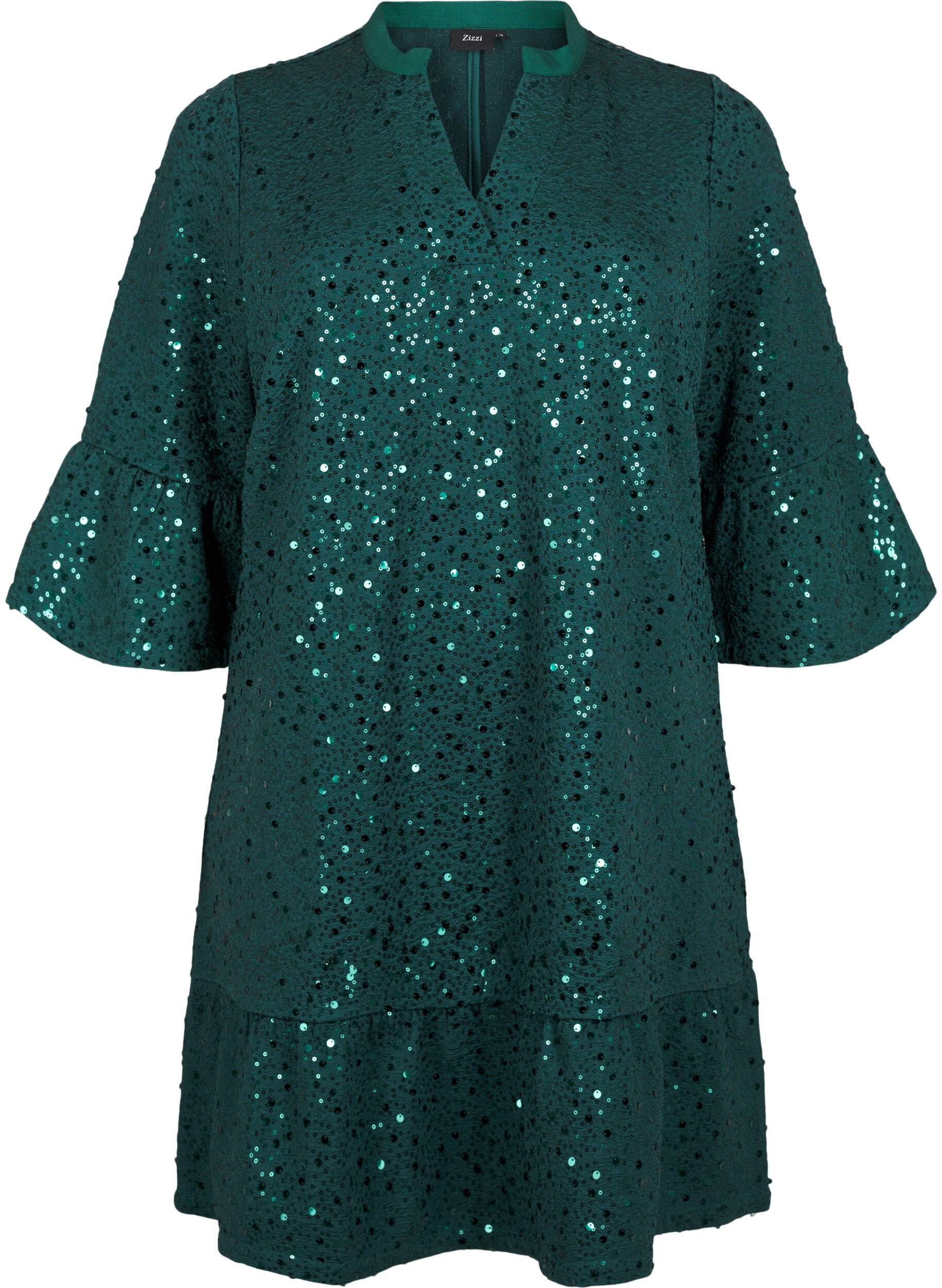 Zizzi Robe &agrave; paillettes avec col en V et manches 3/4, Rain Forest, Packshot image number 0