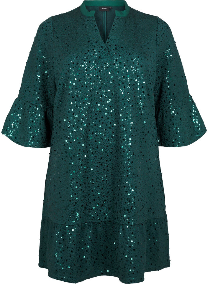 Robe à paillettes avec col en V et manches 3/4, Rain Forest, Packshot image number 0