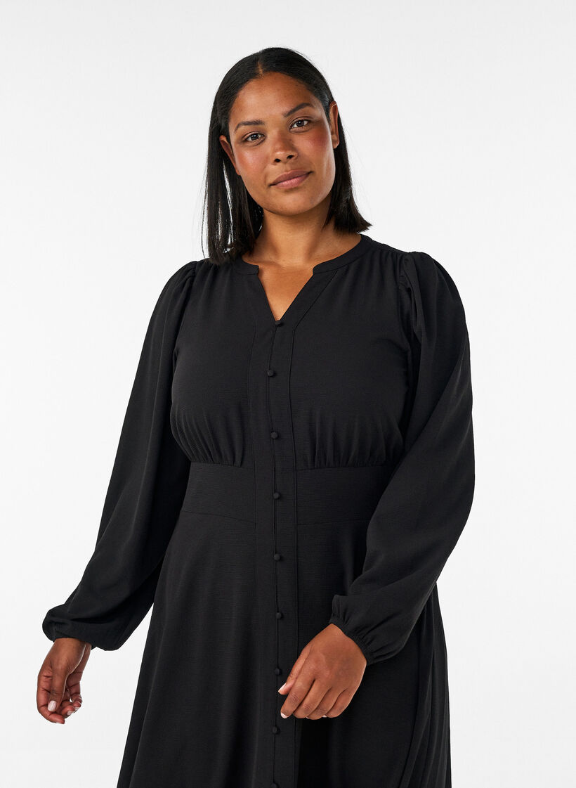Robe midi avec smocks et boutons d&eacute;coratifs, Noir, Model image number 2