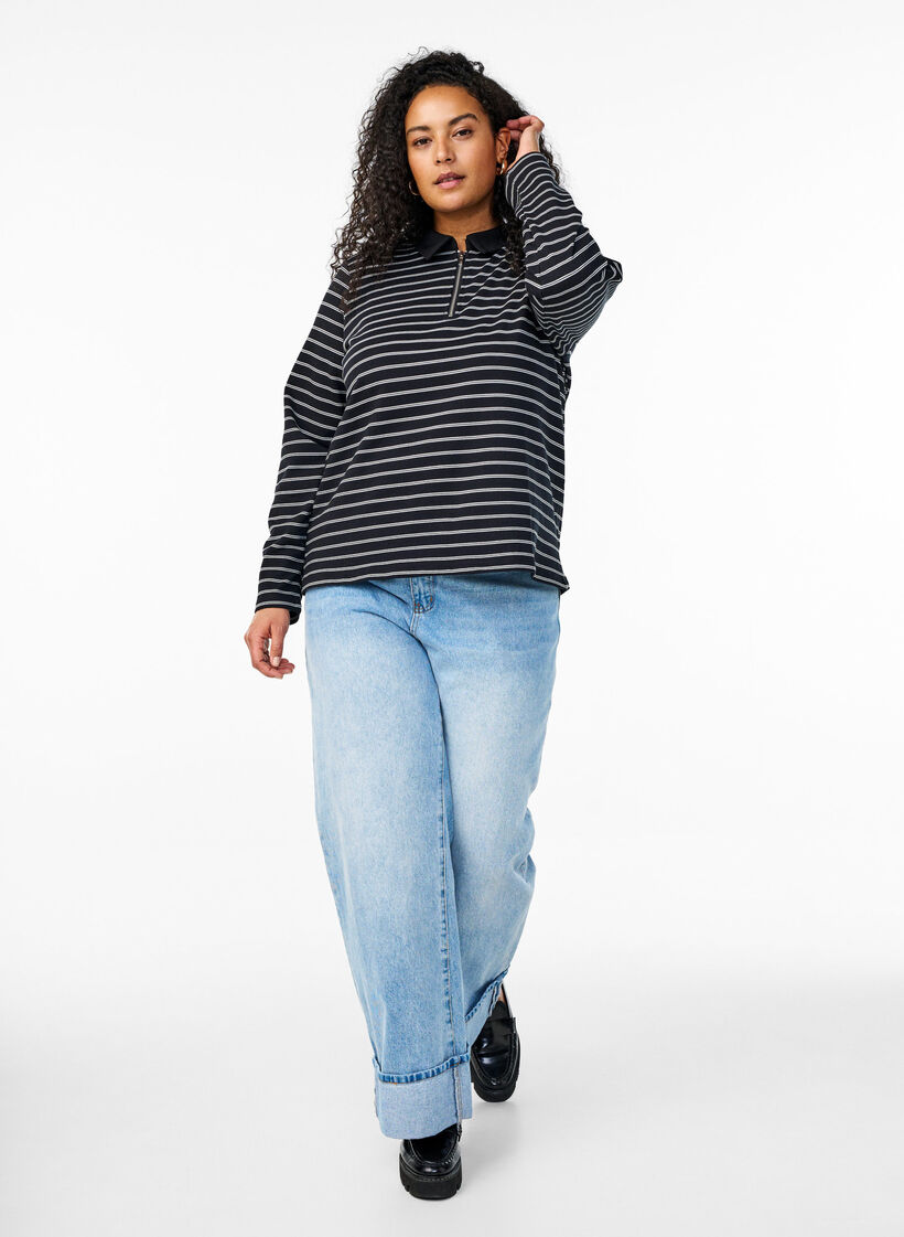 Polo rayé avec fermeture éclair, Noir, Model image number 1