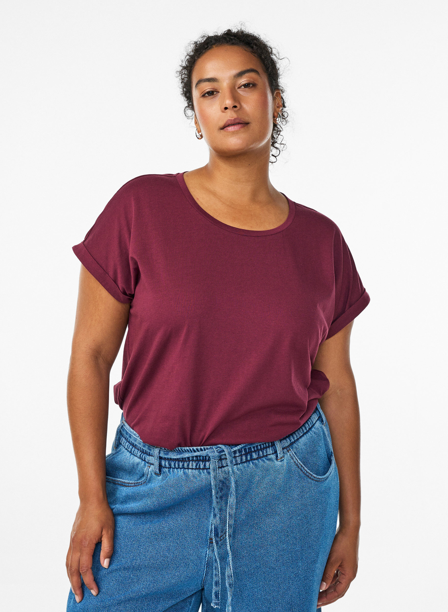 T-shirt &agrave; manches courtes en coton m&eacute;lang&eacute;, Bordeaux, Model