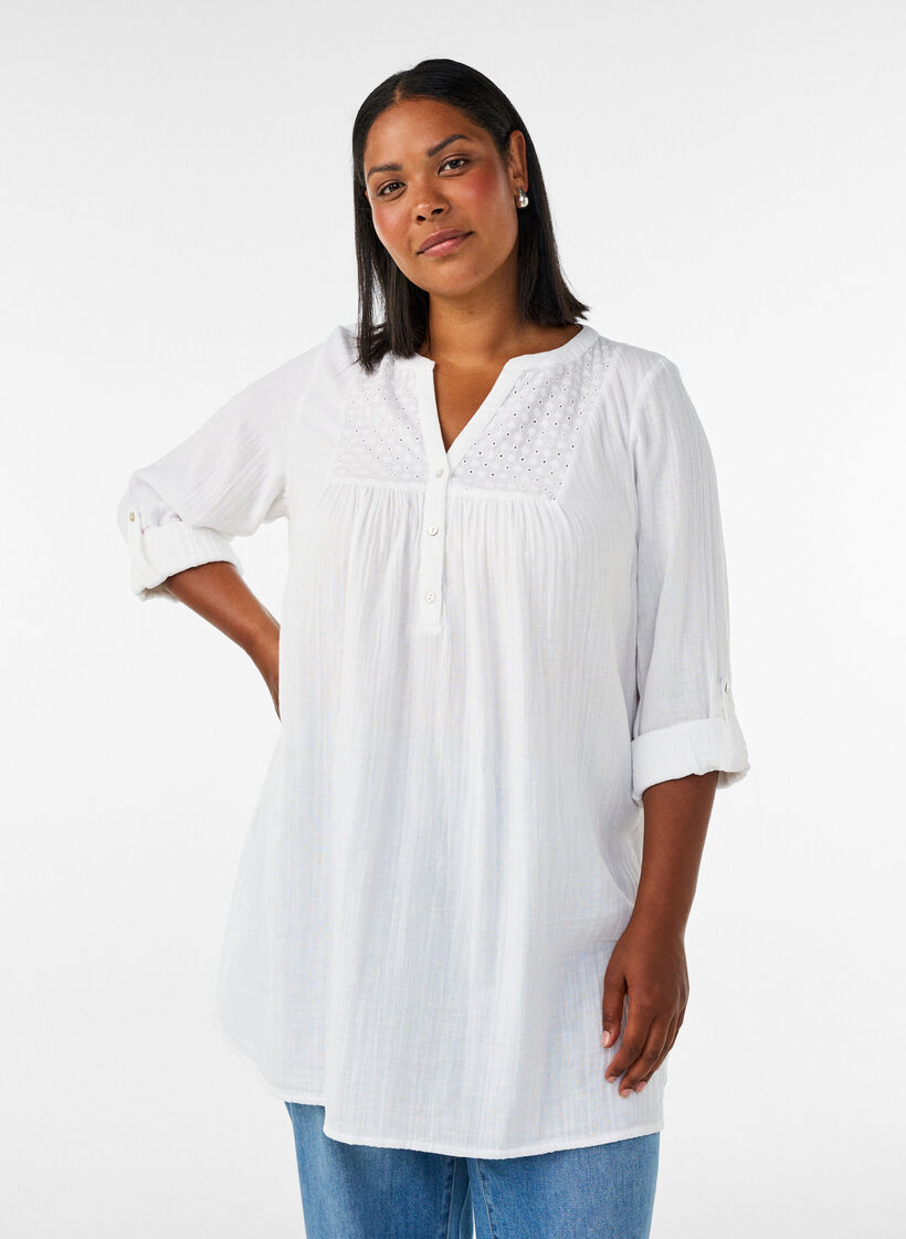 Tunique en mousseline de coton avec broderie anglaise, Blanc, Model image number 0