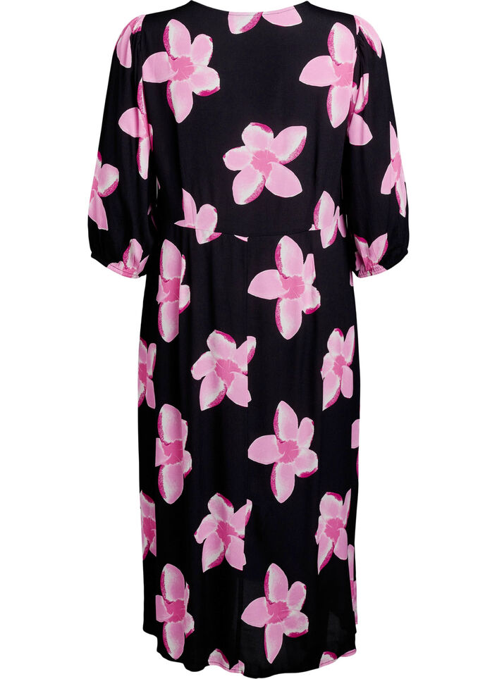 Robe mi-longue avec imprim&eacute; floral et manches 3/4, Noir, Packshot image number 1