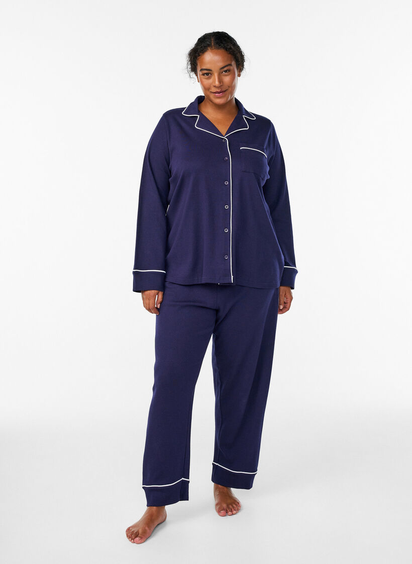 Chemise de pyjama en coton avec poche poitrine, Bleu, Model image number 1