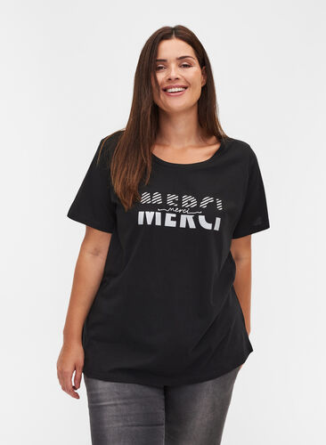 T-shirt en coton bio avec imprimé, Black Merci, Model image number 0