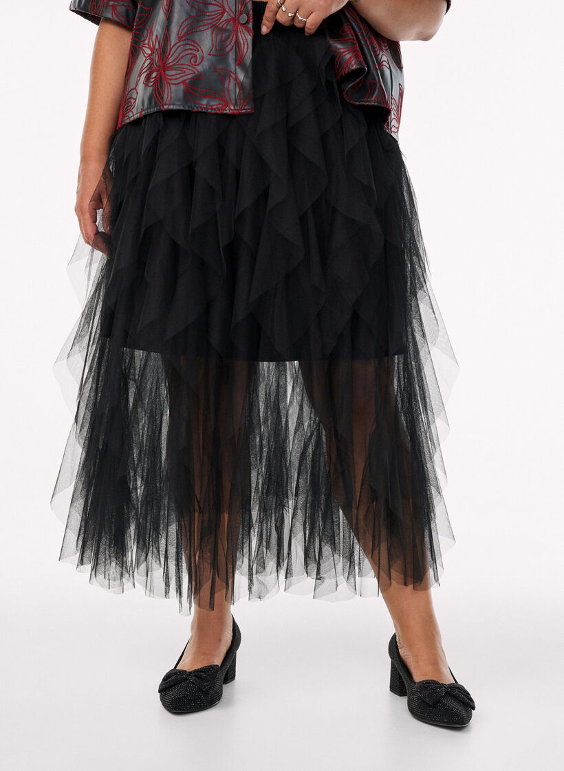 Jupe midi en tulle avec ceinture élastique, Noir, Model image number 2