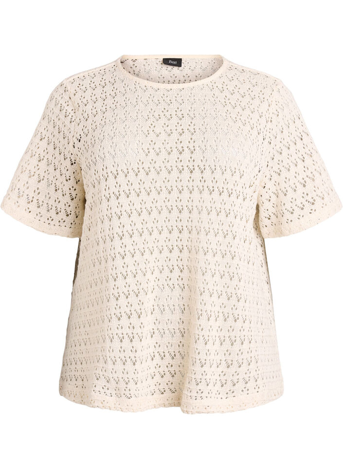 Blouse &agrave; manches courtes avec broderie ajour&eacute;e, Beige, Packshot image number 0