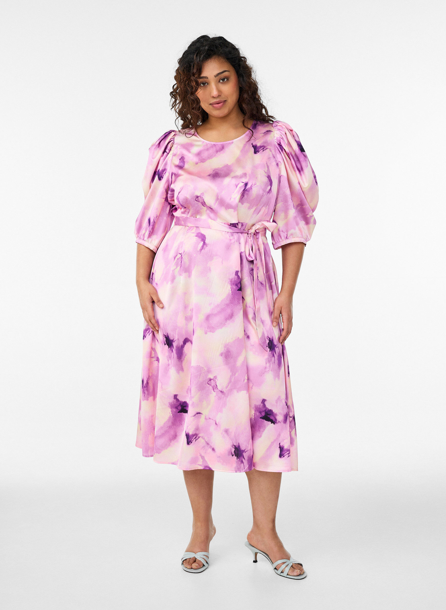 Robes de soir&eacute;e &agrave; manches courtes avec ceinture &agrave; n&oelig;ud, Violet, Model