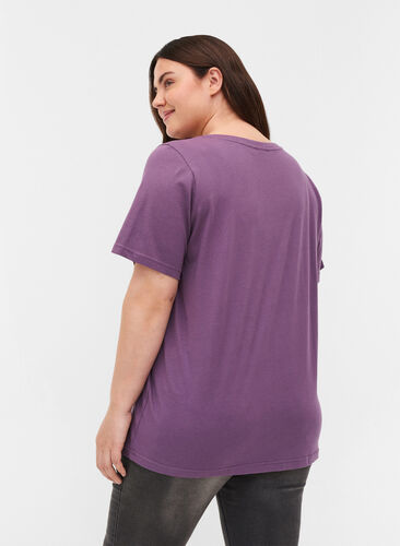 T-shirt en coton bio à col V, Vintage Violet, Model image number 1