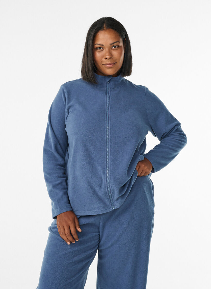 Haut en polaire avec zip et col montant, Bleu, Model image number 0