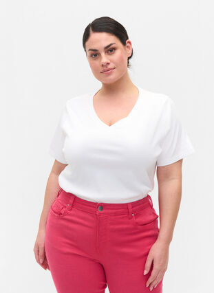 T-shirt en coton avec structure côtelée, Bright White, Model image number 0