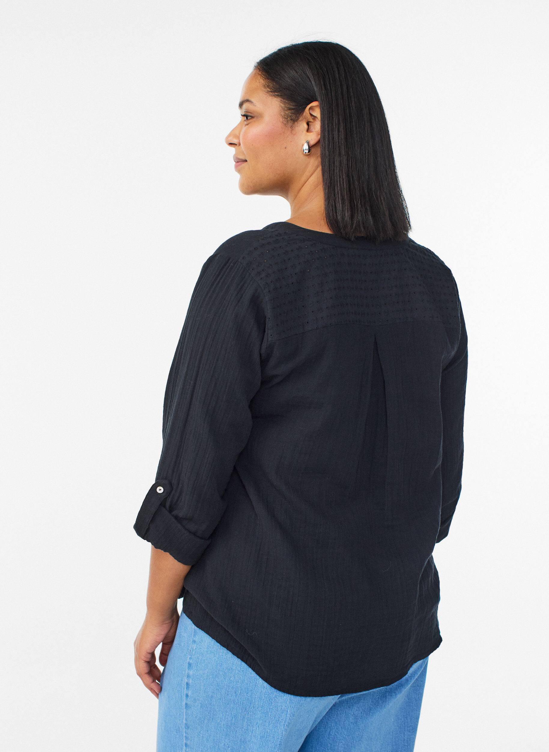ZizziBlouse en mousseline de coton avec broderie anglaise, Noir, Model image number 2