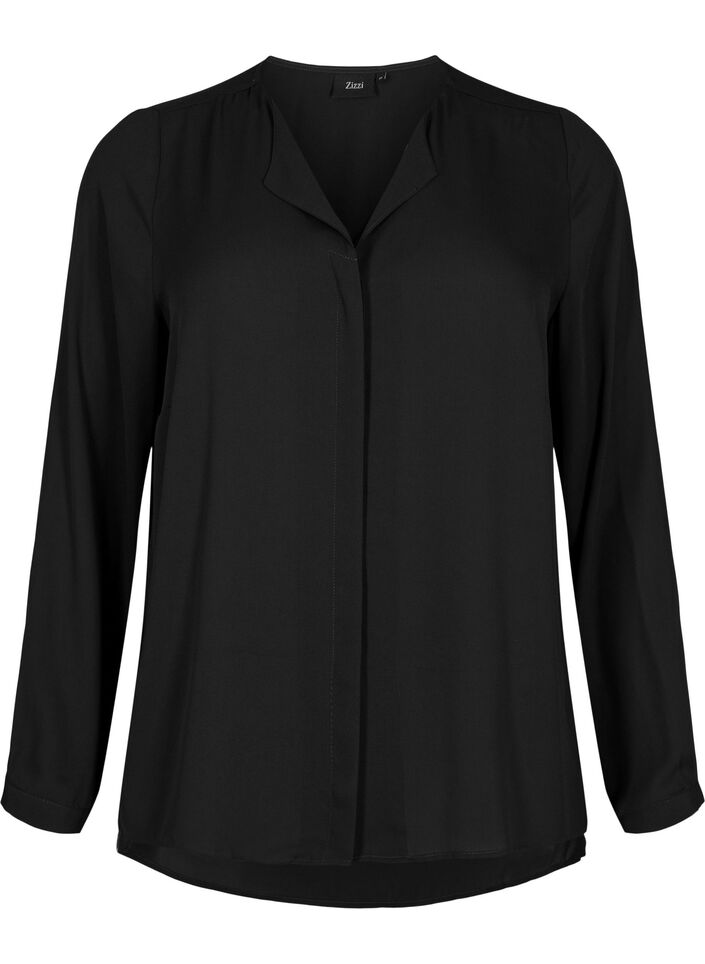 Chemise de couleur unie avec col en V, Black, Packshot image number 0