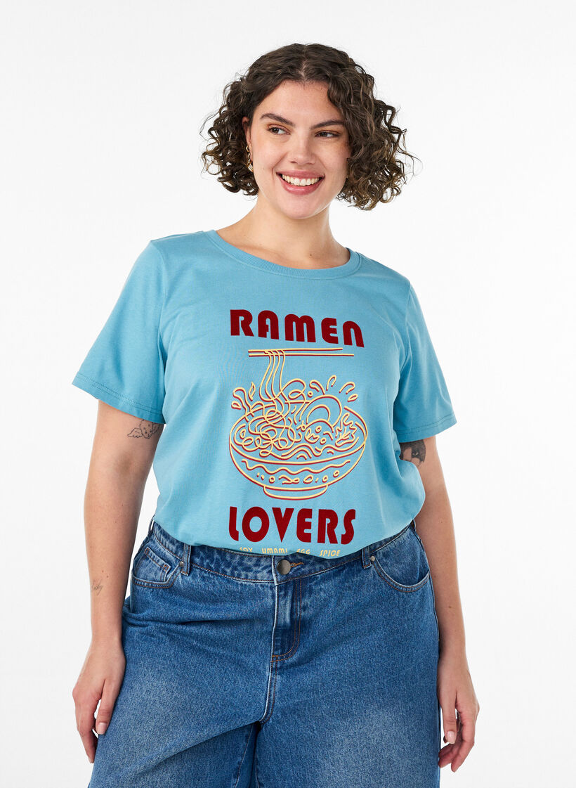 T-shirt en coton avec imprim&eacute;, Bleu, Model image number 0