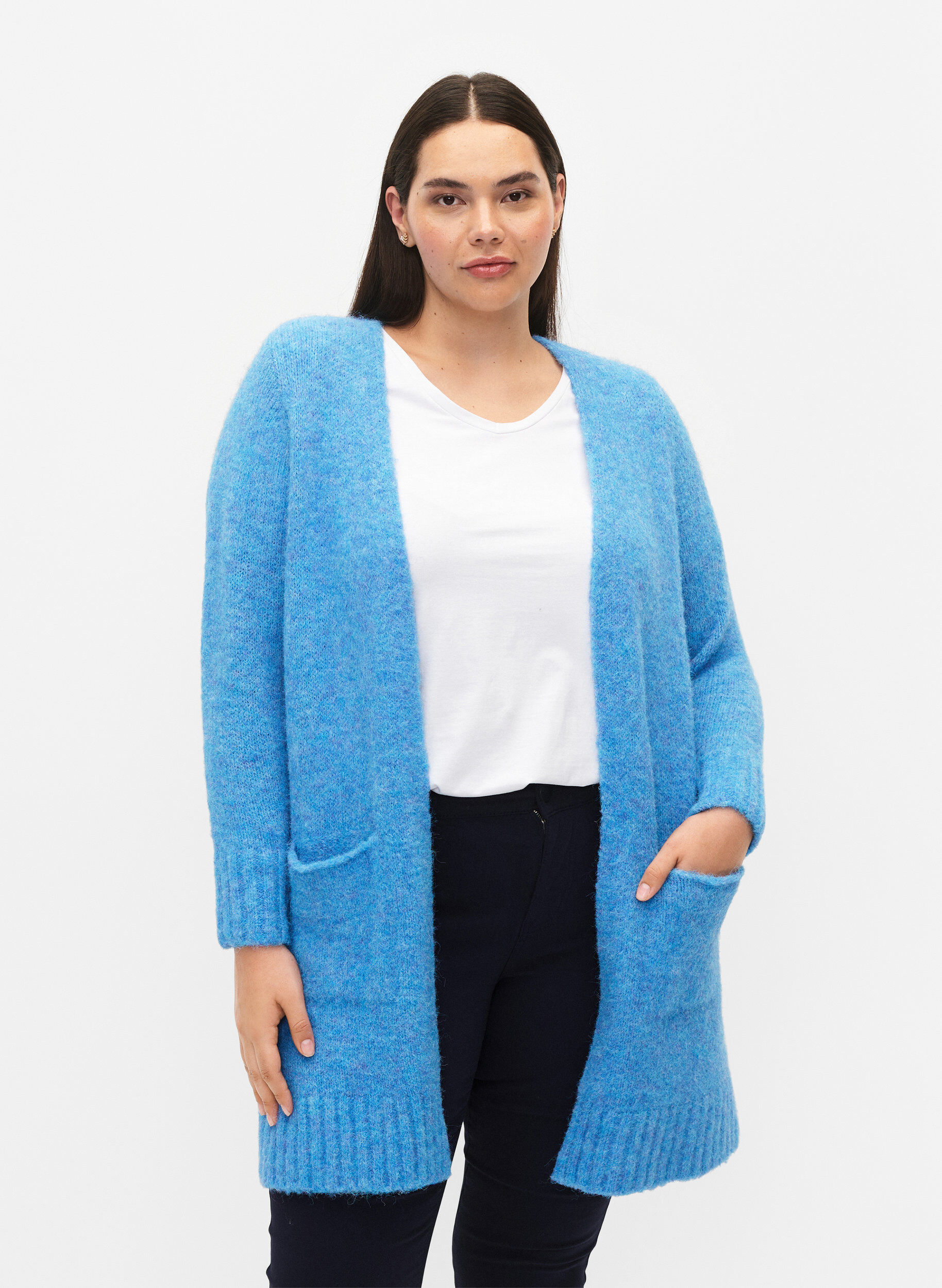 Zizzi Long cardigan en tricot avec de la laine et des poches, French Blue, Model image number 0