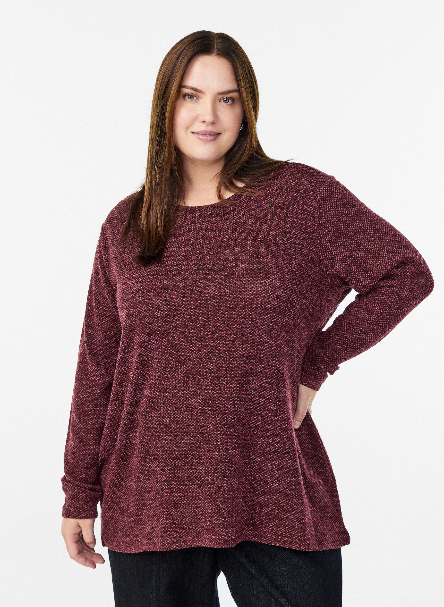 Blouse &agrave; manches longues avec texture, Bordeaux fonc&eacute;, Model