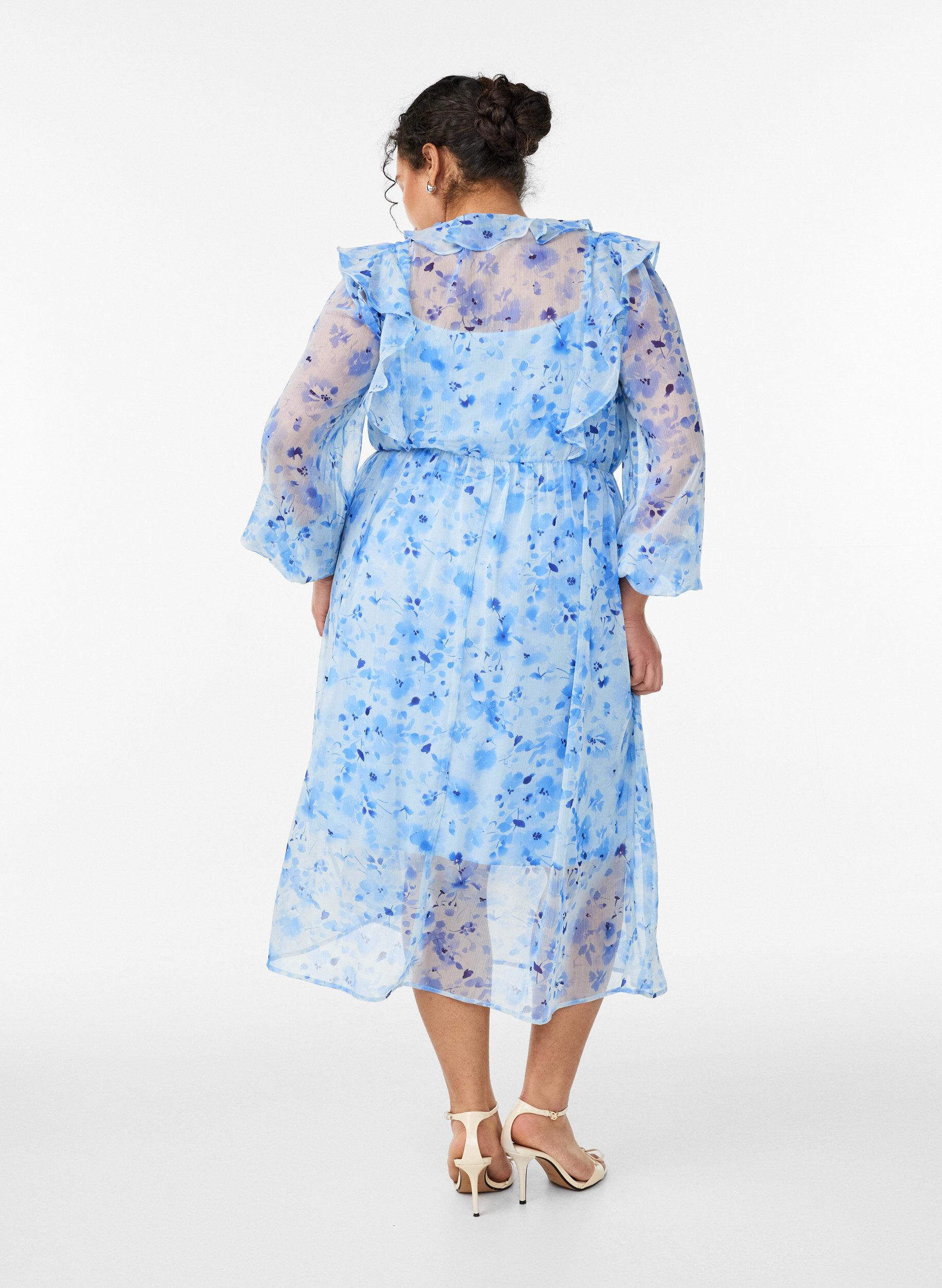 ZizziRobe en chiffon fleuri avec volants et manches longues, Bleu, Model image number 1