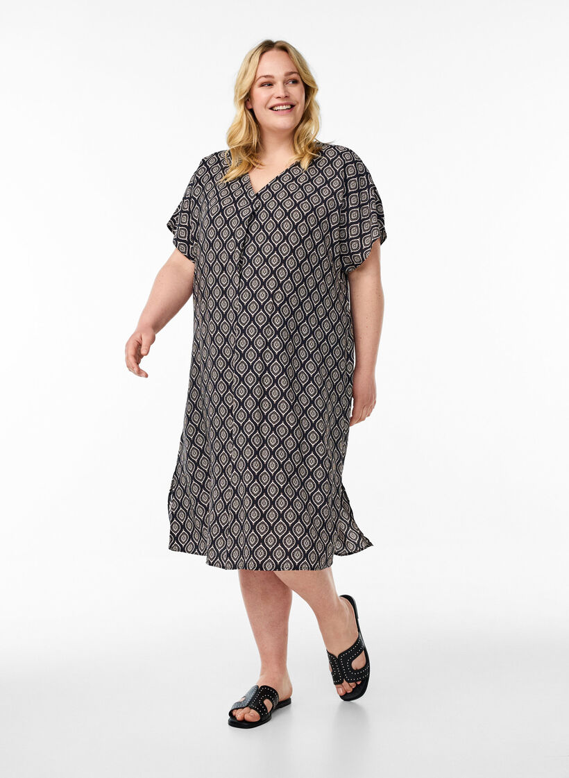 Robe &agrave; col en V en viscose, Bleu, Model image number 1