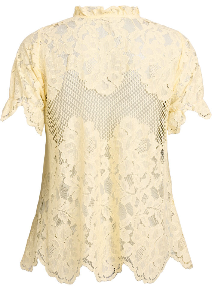 Blouse en dentelle avec col &agrave; volants et manches courtes, Jaune clair, Packshot image number 1
