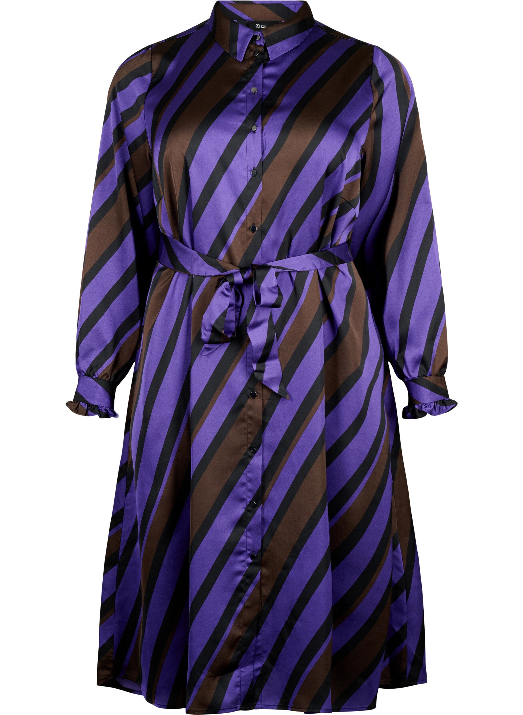 Zizzi Robe-chemise en satin &agrave; rayures diagonales, Stripe AOP, Packshot image number 0