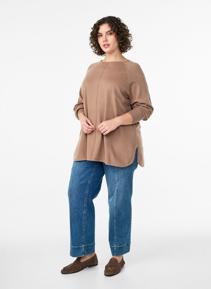 Blouse en maille &agrave; col rond et motif tricot&eacute;, Marron, Model image number 1