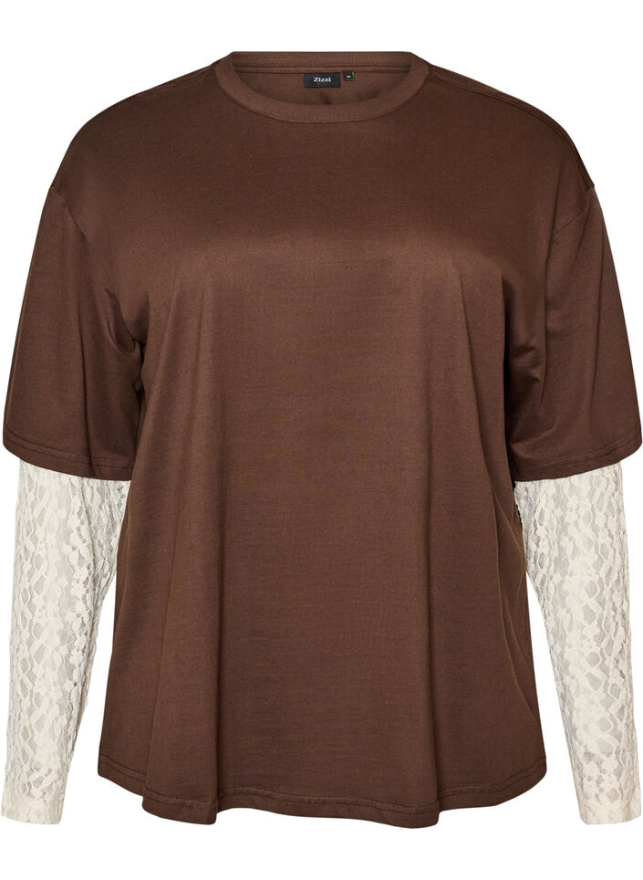 T-shirt ample avec manches longues en dentelle, Marron, Packshot image number 0