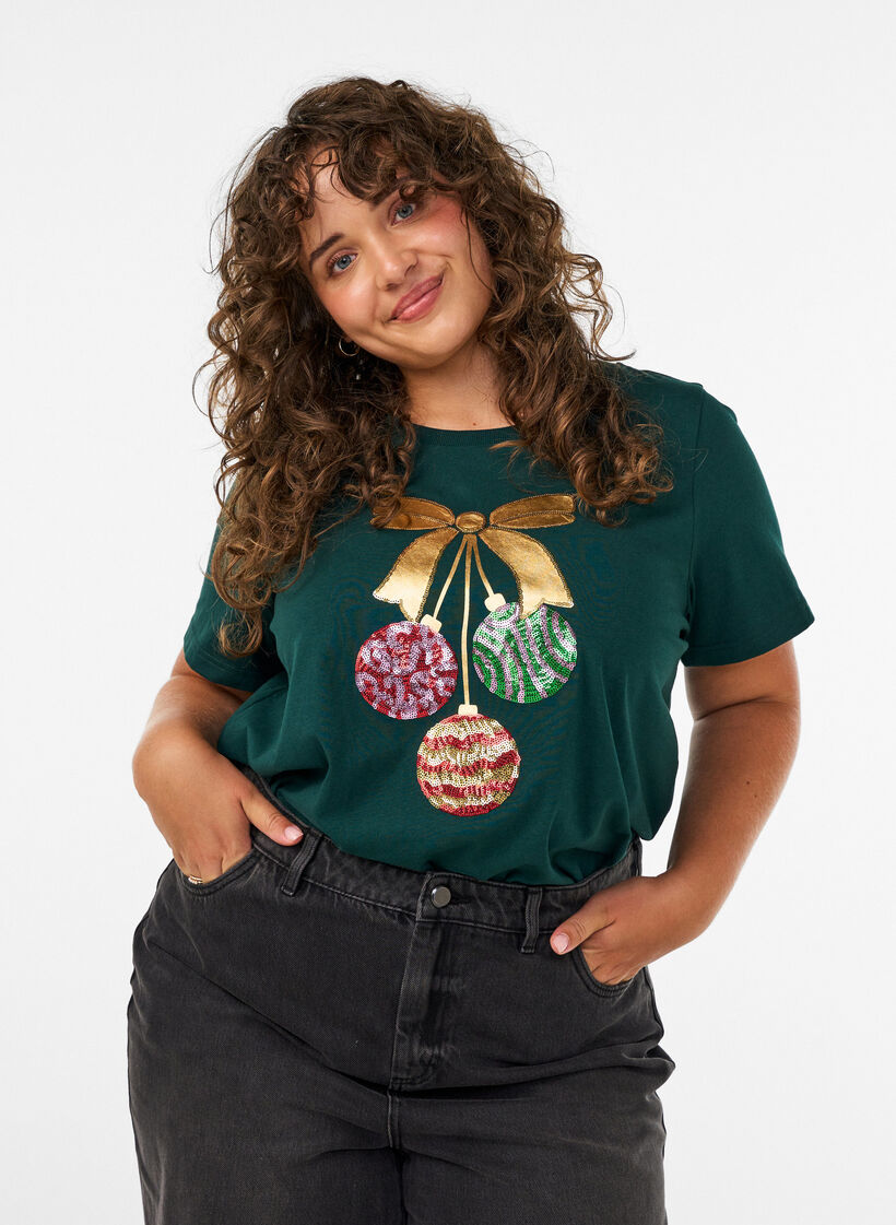 T-shirt de No&euml;l en coton bio, Vert fonc&eacute;, Model image number 0