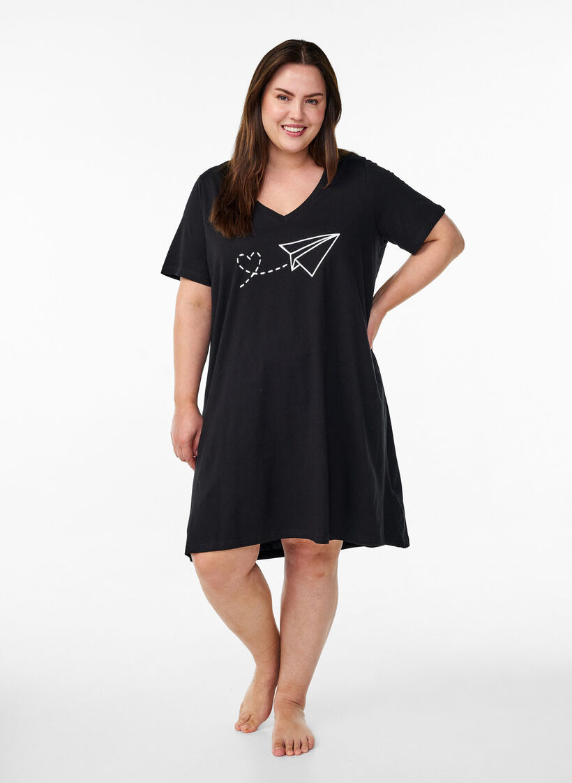 Chemise de nuit en coton biologique et &agrave; col en V, , Model image number 1