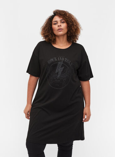 Robe t-shirt en coton avec détails imprimés, Black w. Black, Model image number 0